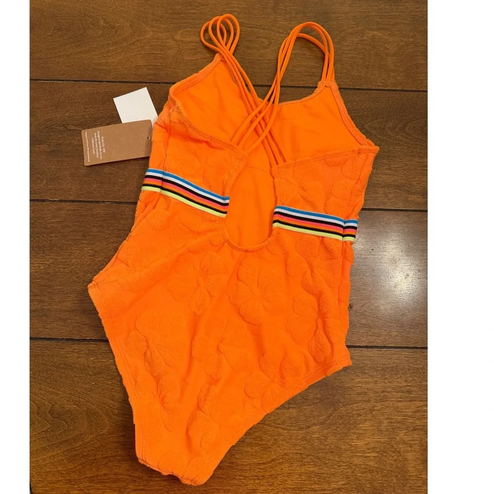 NEW Hobie Girls Neon Orange Floral Textured One Piece Swimsuit Size 8 HG3YF05G